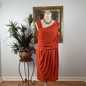 Spirted Randolph Duke Orange One Shoulder Ruched Midi Dress XL Stretch USA